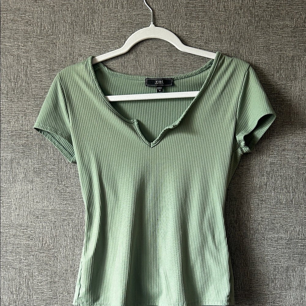 Chic Sage Green Ribbed V-Neck Top